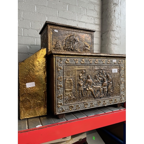 275 - Three brass bound boxes and a brass bound magazine rack.