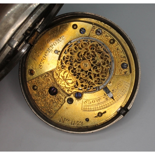 70 - An early 19th century pair cased silver pocket watch, gilt verge movement signed 'N Dumvile Stockpor... 