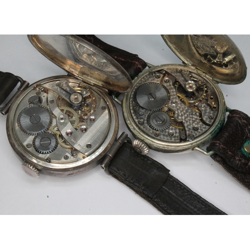 71 - Two WWI trench type wristwatches: one with continental silver case and the other nickel case by Bern... 