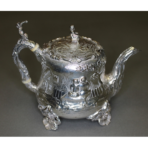 151 - A Victorian matched four piece silver tea set, decorated all over with in repousse depicting joyful ... 