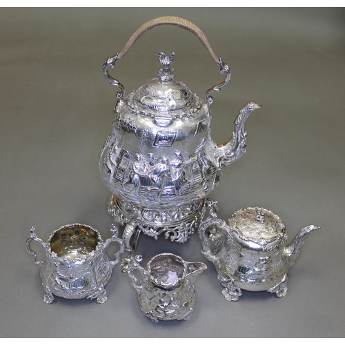 151 - A Victorian matched four piece silver tea set, decorated all over with in repousse depicting joyful ... 