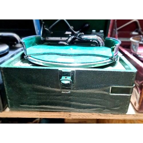 156 - A HMV 102 gramophone in green with no. 16 sound box and record holder.