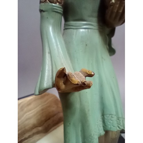 229 - An Art Deco cold painted spelter figure of a lady holding a dove on marble base.