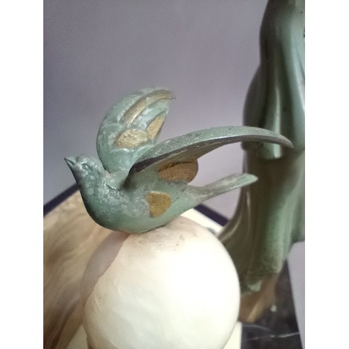 229 - An Art Deco cold painted spelter figure of a lady holding a dove on marble base.