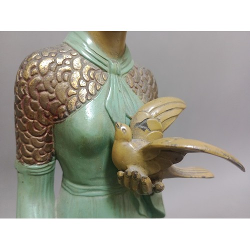 229 - An Art Deco cold painted spelter figure of a lady holding a dove on marble base.