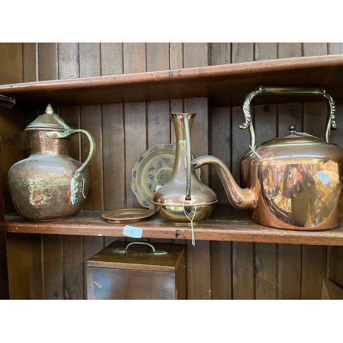 5 - A copper kettle, engraved copper dish of the Lake District, a brass/copper Eastern pitcher and 2 wal... 