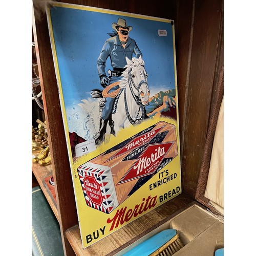 31 - A reproduction Ande Rooney Merit advertisement enamel sign depicting the Lone Ranger 27cm x 40cm.