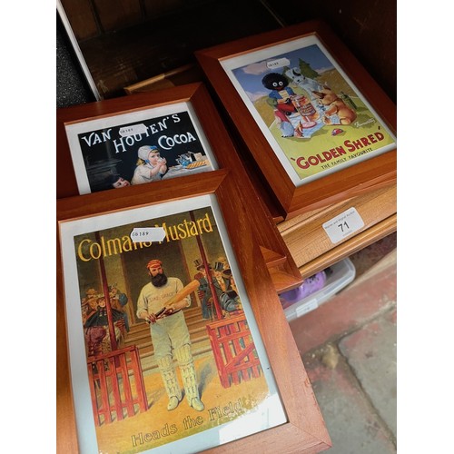 71 - Seven reproduction food advertising framed pictures.