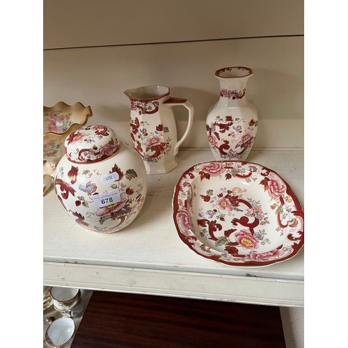 678 - 4 pieces of Masons Ironstone Mandalay Red, including dish, vase, jug and lidded ginger jar