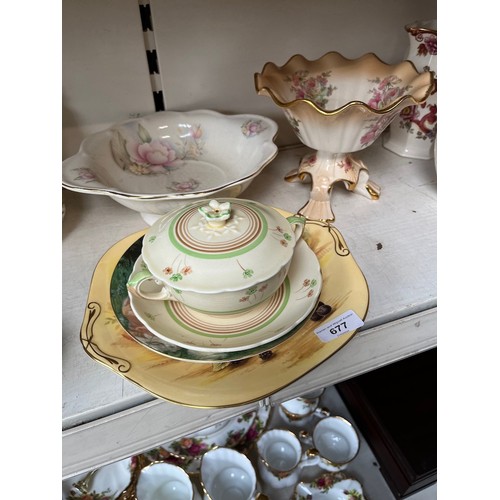 677 - 6 pieces of pottery including Coalport and Aynsley Orchard Gold plates, plate and lidded dish by Wed... 