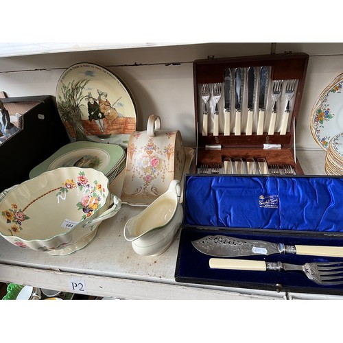 684 - Small canteen of cutlery with boxed cake knife and fork, mixed ceramics including Doulton series war... 