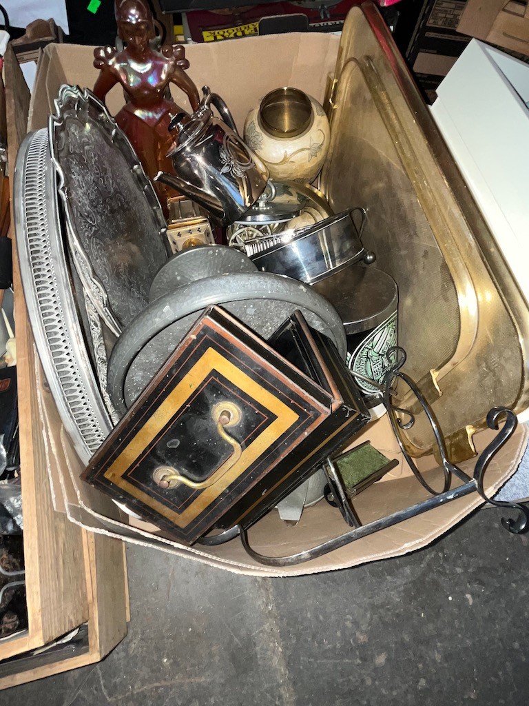 A box of assorted metalware to include platedware, pewter, a cash box