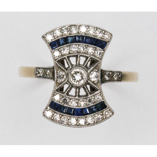 3 - A 1930s Art Deco diamond and sapphire bow shaped cluster ring, the millegrain set cluster measuring ... 