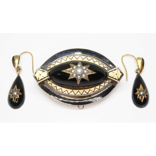 11 - A mid 19th century suite of black enamel and pearl mourning jewellery comprising a marquis shaped br... 