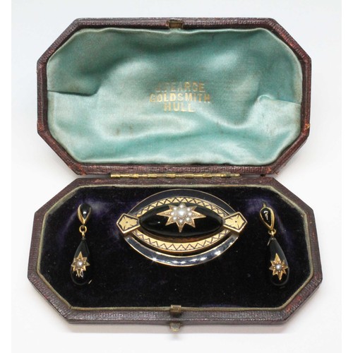 11 - A mid 19th century suite of black enamel and pearl mourning jewellery comprising a marquis shaped br... 