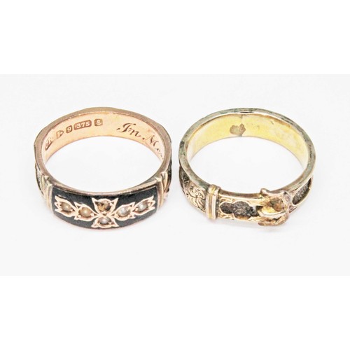 22 - Two Victorian/Edwardian mourning rings, one set with seed pearls and hallmarked for Charles Rowbotha... 