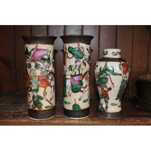 19 - A group of three Chinese archaic style vases, crackle glaze with over enamels, tallest 19.5cm.