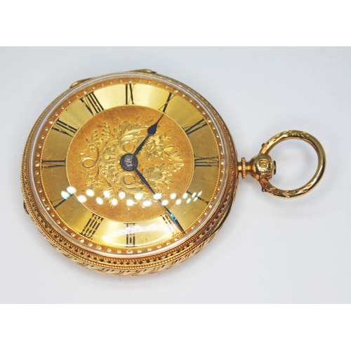 60 - A Victorian ladies 18ct gold open face pocket watch, engraved gilt dial with Roman numerals, movemen... 