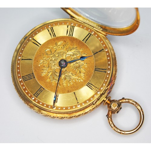 60 - A Victorian ladies 18ct gold open face pocket watch, engraved gilt dial with Roman numerals, movemen... 