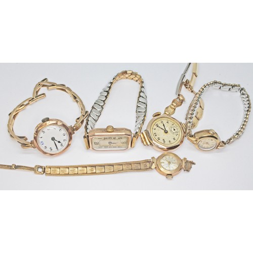 84 - Five hallmarked 9ct gold watches comprising one with strap marked '9ct' wt. 16.8g, another with hall... 