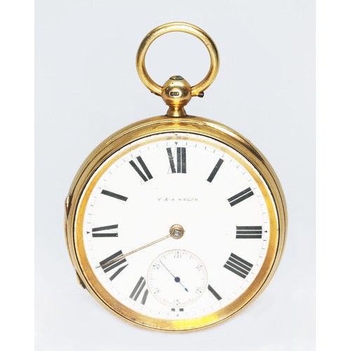 59 - A late Victorian 18ct gold open faced pocket watch, the enamel dial with Roman numerals and seconds ... 