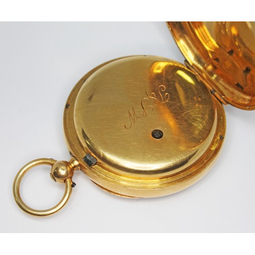 59 - A late Victorian 18ct gold open faced pocket watch, the enamel dial with Roman numerals and seconds ... 