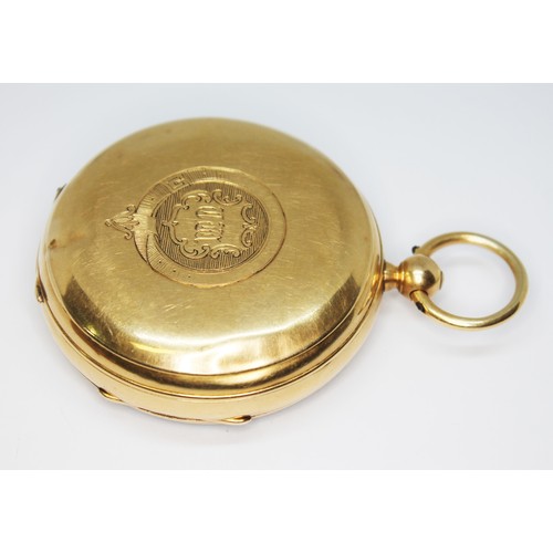 59 - A late Victorian 18ct gold open faced pocket watch, the enamel dial with Roman numerals and seconds ... 