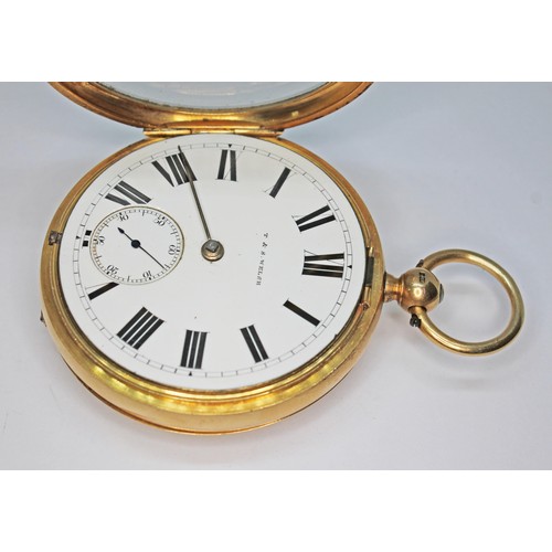 59 - A late Victorian 18ct gold open faced pocket watch, the enamel dial with Roman numerals and seconds ... 