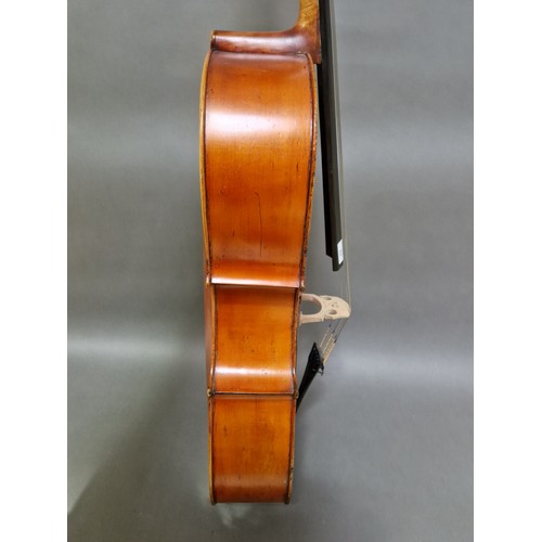 62 - A French cello, labelled 'J.T.L. Geronimo Barnabetti Paris', two piece back, length 749mm, with bow ... 