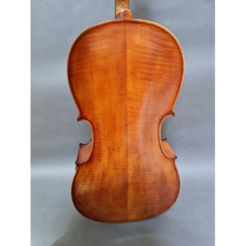 62 - A French cello, labelled 'J.T.L. Geronimo Barnabetti Paris', two piece back, length 749mm, with bow ... 