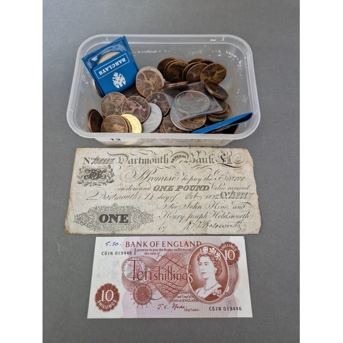 13 - A tub of assorted GB coins and banknotes to include Victorian pennies and commemorative crowns etc.