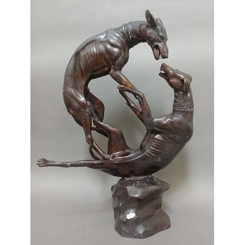 195 - After Antoine-Louis Barye (French 1796-1875), bronze study of two dogs fighting, signed 'BARYE' to b... 