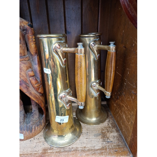 25 - A pair of brass and copper ship's oil lamps filler jugs.