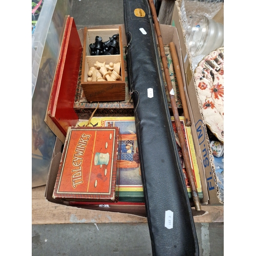 89 - A Riley 2 piece snooker cue in soft case, vintage children's annuals Playbox (1923 & 1927), building... 