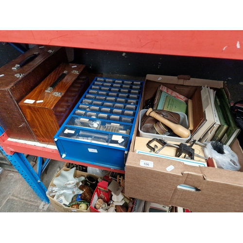 106 - A box of fishing tackle / equipment together with 2 wooden cases and a multidrawer unit complete wit... 