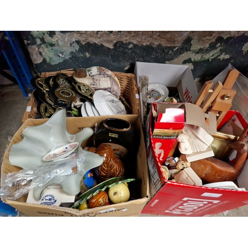 107 - Three boxes and a wicker basket of misc including pottery, brass, plated ware, ornaments etc