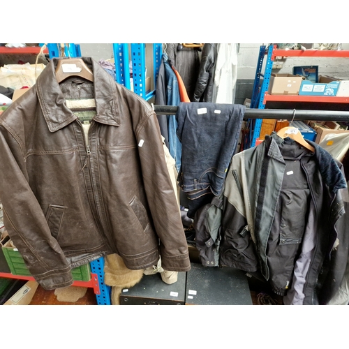 171 - Belstaff motorcycle jacket and trousers, together with a gents Hide Park leather jacket, and a pair ... 