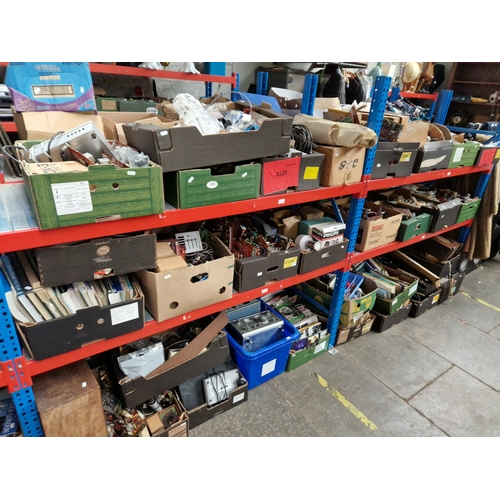 173 - 6 shelves containing approx 30 boxes of radio components, books, magazines, communications receiver,... 