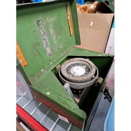 177 - A military ship's compass ref. no. 41JJ/5 AFT No. 24B/54 in a green painted box.