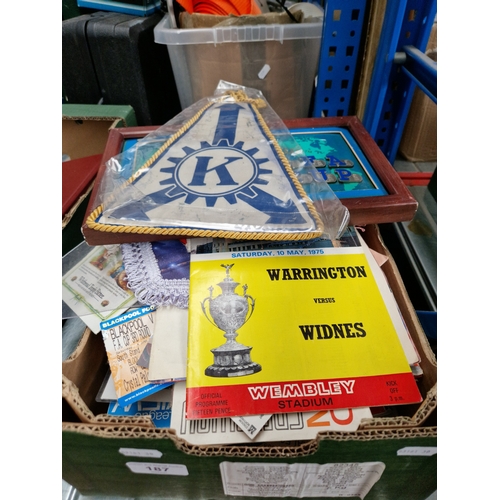 187 - A box of sporting memorabilia including tickets, pennants etc