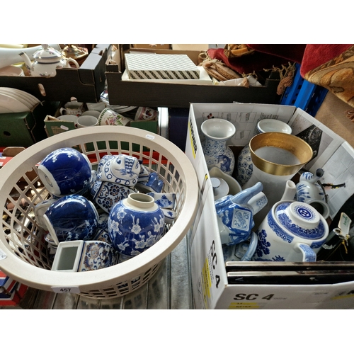 457 - Various items of blue and white ware; vases, ginger jars, teapots etc together with some collectors ... 