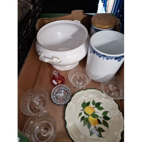 459 - A box of pottery and glass including Spode twin handled bowl, cranberry glass bottle, blue and white... 