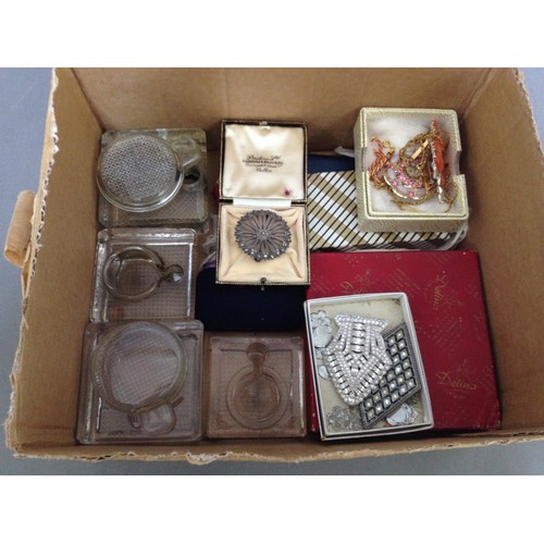 34 - A box of assorted costume jewellery, glass ink wells etc.