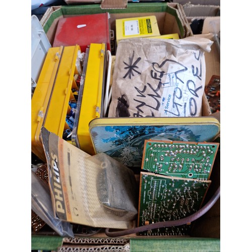 173 - 6 shelves containing approx 30 boxes of radio components, books, magazines, communications receiver,... 