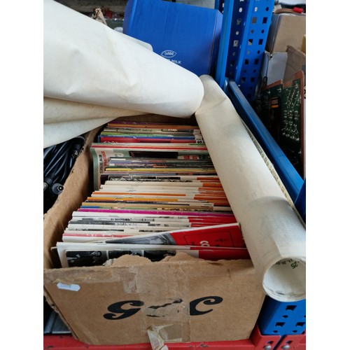 173 - 6 shelves containing approx 30 boxes of radio components, books, magazines, communications receiver,... 