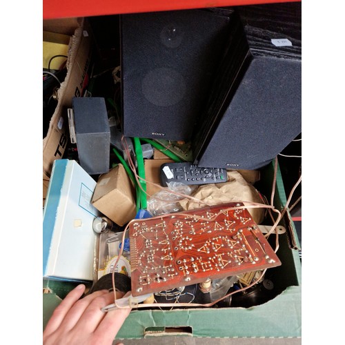 173 - 6 shelves containing approx 30 boxes of radio components, books, magazines, communications receiver,... 