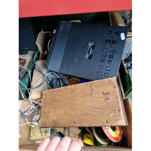 173 - 6 shelves containing approx 30 boxes of radio components, books, magazines, communications receiver,... 