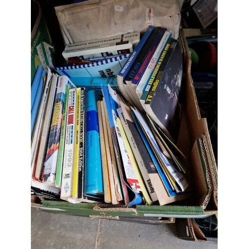 173 - 6 shelves containing approx 30 boxes of radio components, books, magazines, communications receiver,... 