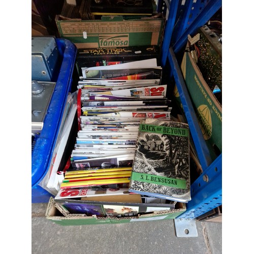 173 - 6 shelves containing approx 30 boxes of radio components, books, magazines, communications receiver,... 