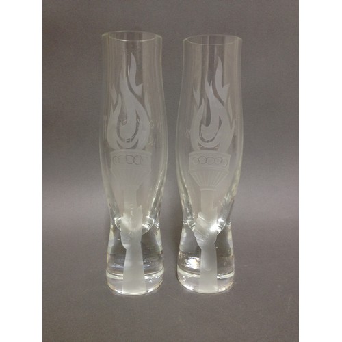 103 - A pair of Munich Olypics 1972 Olympiad glass vases, one inscrided 'No19/100' to base, the other 'HM ... 